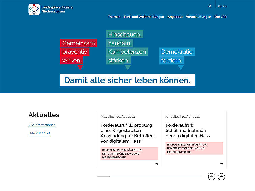 Übersicht Homepage Landespräventionsrat Niedersachsen