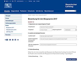 Screenshot Landtag Bayern Formular für den Bürgerpreis